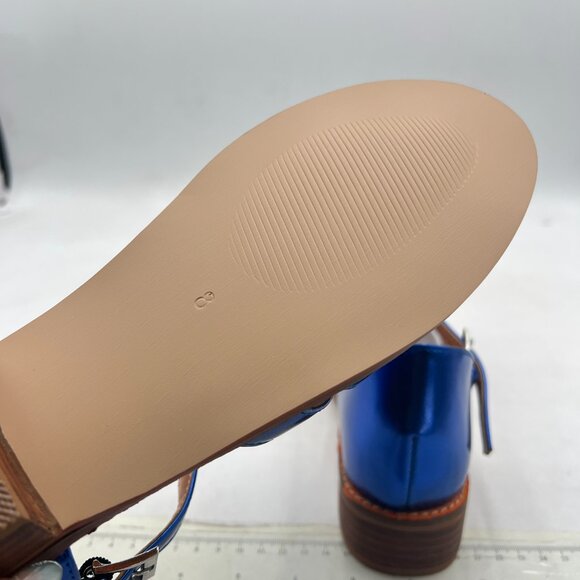 FSJ Blue Retro Closed Toe Sandals Low Block Heel Woven Roman Ankle Strap Sandals - Picture 6 of 8